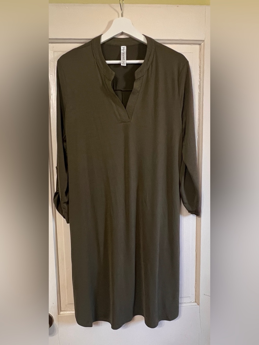 Classic V-Neck Long Sleeve Dress in Olive Green - Picture 3 of 8